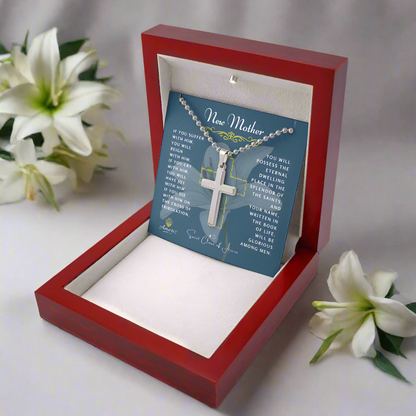 New Mother Cross Necklace with Saint Clare of Assisi Quote