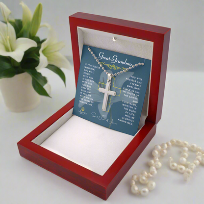 Great-Grandma Cross Necklace with Saint Clare of Assisi Quote