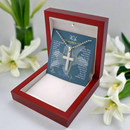 Wife Cross Necklace with Saint Clare of Assisi Quote