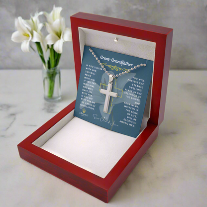 Great-Grandfather Cross Necklace with Saint Clare of Assisi Quote