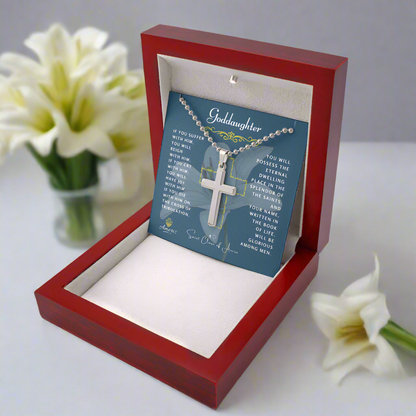 Collier croix filleule avec citation de Sainte Claire d'Assise