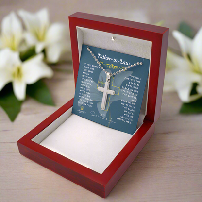 Collier croix beau-père avec citation de sainte Claire d'Assise