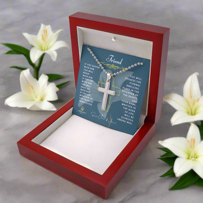 Friend Cross Necklace with Saint Clare of Assisi Quote