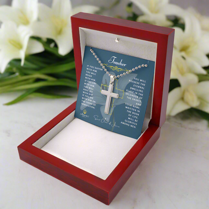 Teacher Cross Necklace with Saint Clare of Assisi Quote