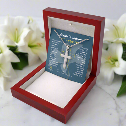 Great-Grandson Cross Necklace with Saint Clare of Assisi Quote