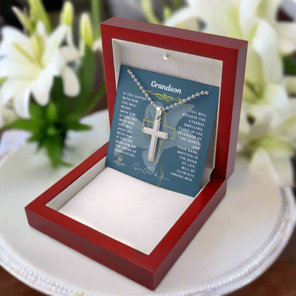 Grandson Cross Necklace with Saint Clare of Assisi Quote