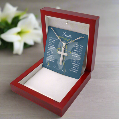 Collar de cruz de tía con cita de Santa Clara de Asís