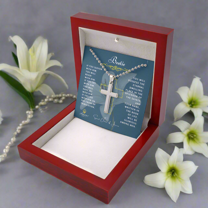 Bestie Cross Necklace with Saint Clare of Assisi Quote