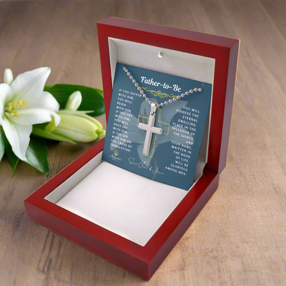 Father-to-Be Cross Necklace with Saint Clare of Assisi Quote