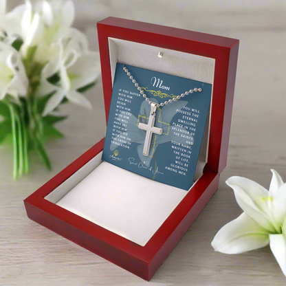 Mom Cross Necklace with Saint Clare of Assisi Quote
