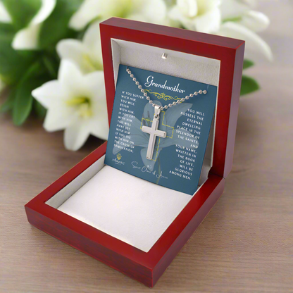 Grandmother Cross Necklace with Saint Clare of Assisi Quote