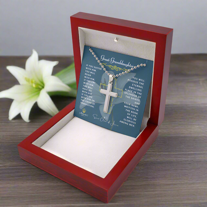 Great-Granddaughter Cross Necklace with Saint Clare of Assisi Quote