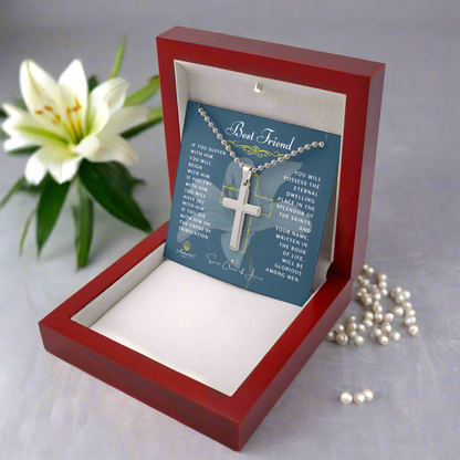 Best Friend Cross Necklace with Saint Clare of Assisi Quote