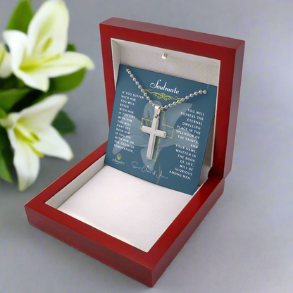 Soulmate Cross Necklace with Saint Clare of Assisi Quote