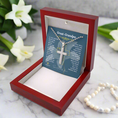 Great-Grandpa Cross Necklace with Saint Clare of Assisi Quote