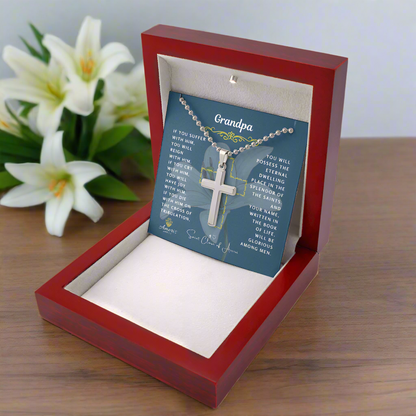 Grandpa Cross Necklace with Saint Clare of Assisi Quote