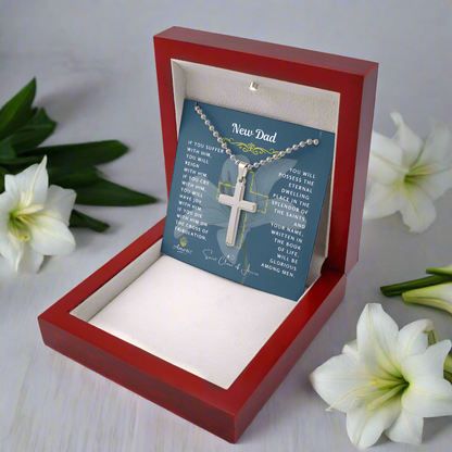 New Dad Cross Necklace with Saint Clare of Assisi Quote