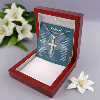 Boyfriend Cross Necklace with Saint Clare of Assisi Quote