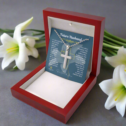 Collier croix pour futur mari avec citation de Sainte Claire d'Assise