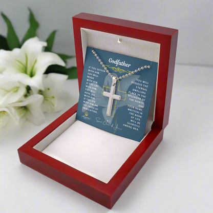 Collier Croix du Parrain avec citation de Sainte Claire d'Assise