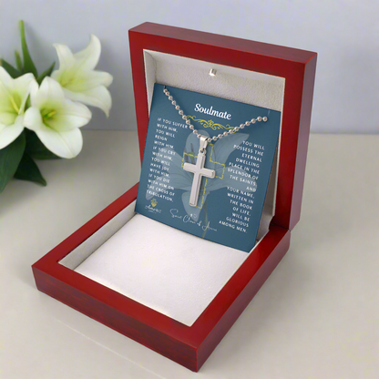 Soulmate (Male) Cross Necklace with Saint Clare of Assisi Quote
