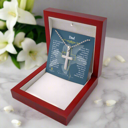 Dad Cross Necklace with Saint Clare of Assisi Quote