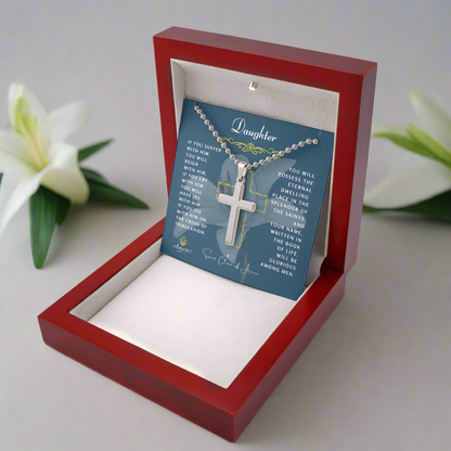 Daughter Cross Necklace with Saint Clare of Assisi Quote