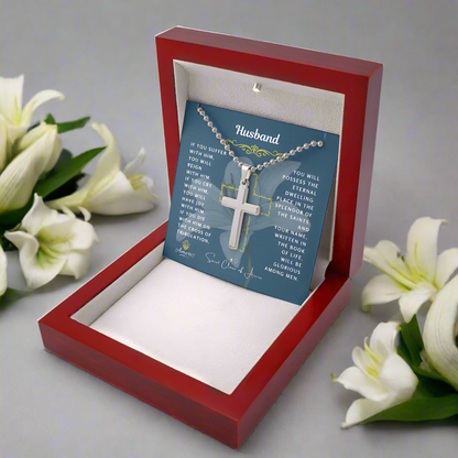 Husband Cross Necklace with Saint Clare of Assisi Quote