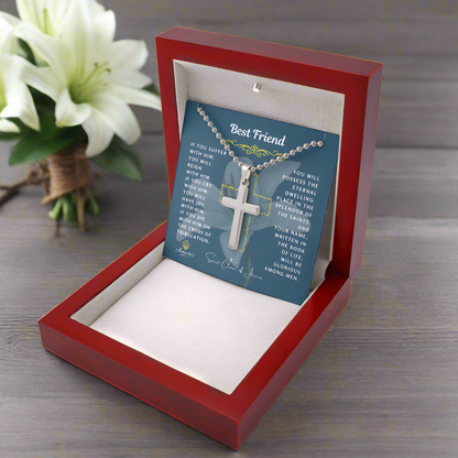 Best Friend (Male) Cross Necklace with Saint Clare of Assisi Quote