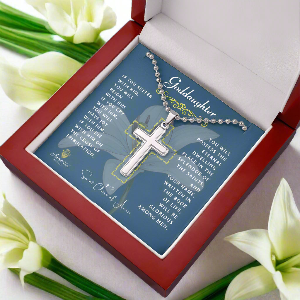 Goddaughter Cross Necklace with Saint Clare of Assisi Quote
