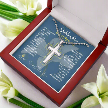 Collier croix filleule avec citation de Sainte Claire d'Assise