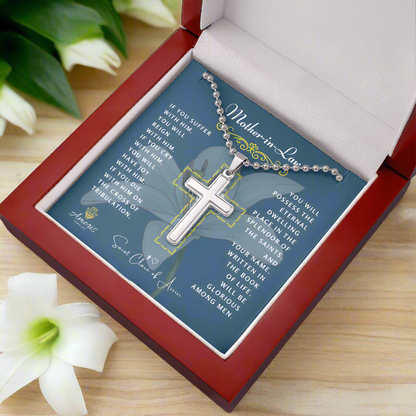 Mother-in-Law Cross Necklace with Saint Clare of Assisi Quote