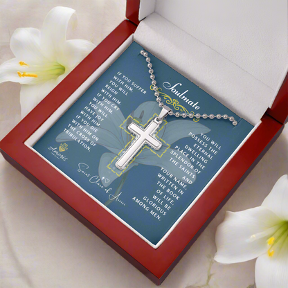 Soulmate Cross Necklace with Saint Clare of Assisi Quote