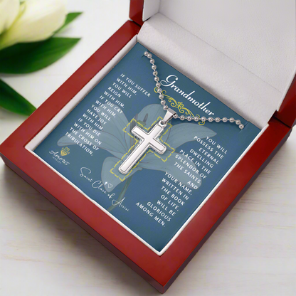 Grandmother Cross Necklace with Saint Clare of Assisi Quote