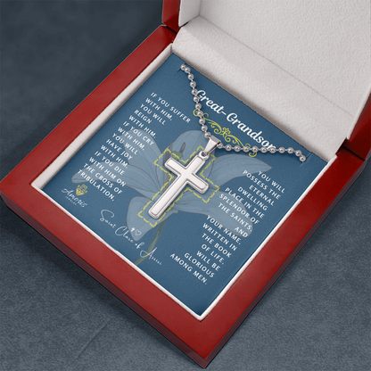 Great-Grandson Cross Necklace with Saint Clare of Assisi Quote
