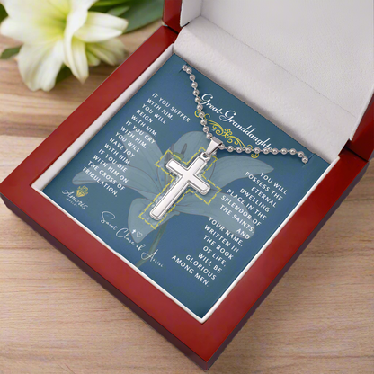 Great-Granddaughter Cross Necklace with Saint Clare of Assisi Quote