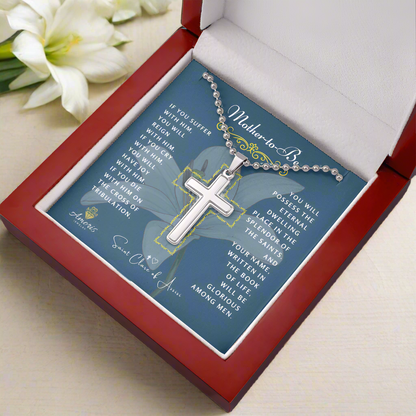Mother-to-Be Cross Necklace with Saint Clare of Assisi Quote