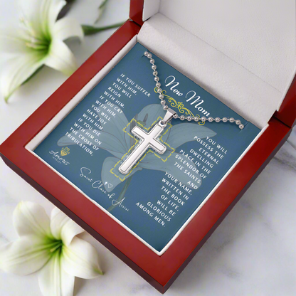 New Mom Cross Necklace with Saint Clare of Assisi Quote