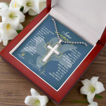 Collier Croix Sœur avec citation de Sainte Claire d'Assise