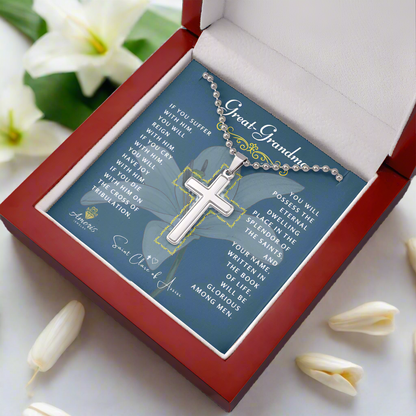 Great-Grandma Cross Necklace with Saint Clare of Assisi Quote