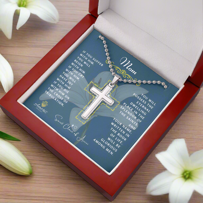 Mom Cross Necklace with Saint Clare of Assisi Quote