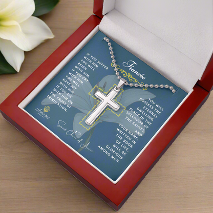 Collier Croix de Fiancée avec citation de Sainte Claire d'Assise