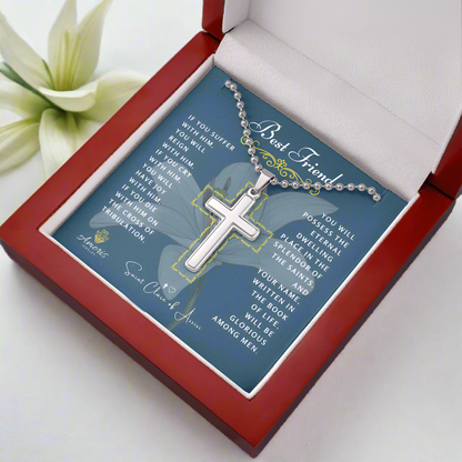 Best Friend Cross Necklace with Saint Clare of Assisi Quote