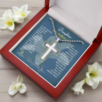 Daughter Cross Necklace with Saint Clare of Assisi Quote