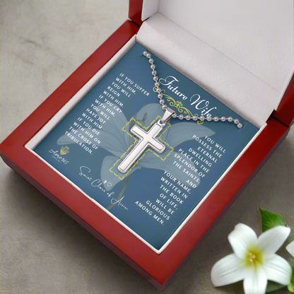 Collar con cruz de futura esposa y cita de Santa Clara de Asís