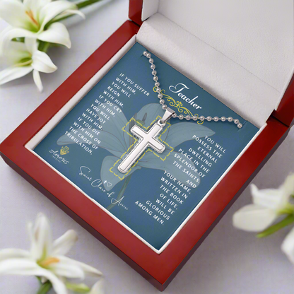 Teacher Cross Necklace with Saint Clare of Assisi Quote