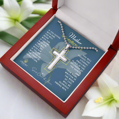 Mother Cross Necklace with Saint Clare of Assisi Quote