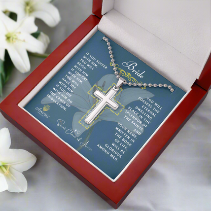 Bride Cross Necklace with Saint Clare of Assisi Quote