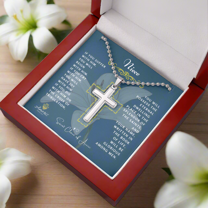 Collier croix de nièce avec citation de Sainte Claire d'Assise