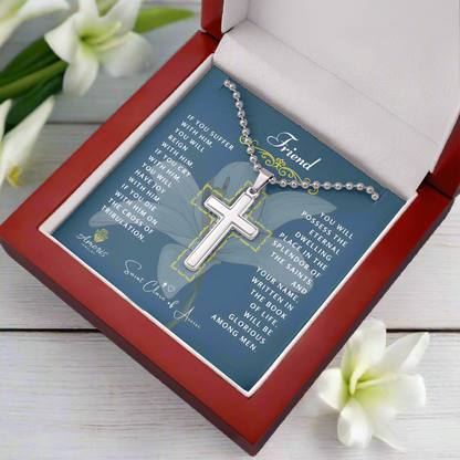 Friend Cross Necklace with Saint Clare of Assisi Quote
